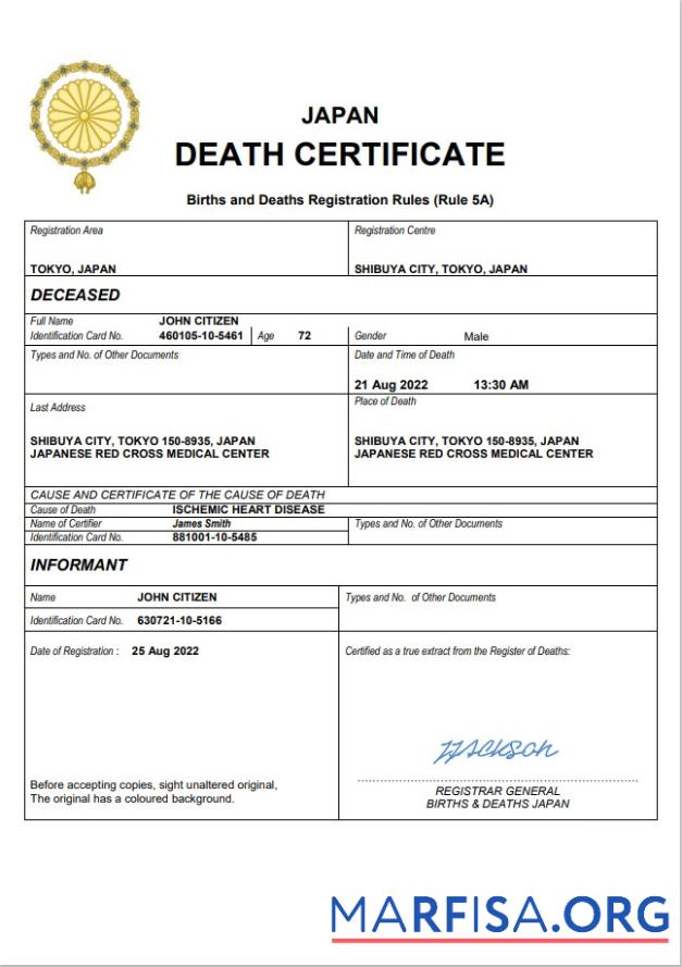 Downloadable Japan death certificate Word and PDF template